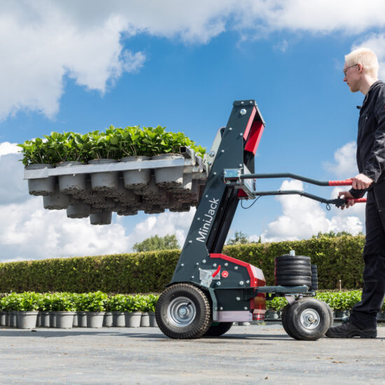 mitarbeiter bedient minijack zum anheben von pflanzentrays in gärtnerei