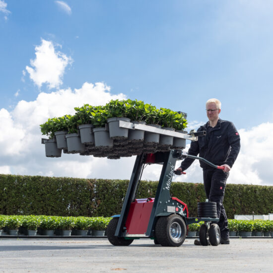 mitarbeiter bedient minijack zum anheben von pflanzentrays in einer baumschule